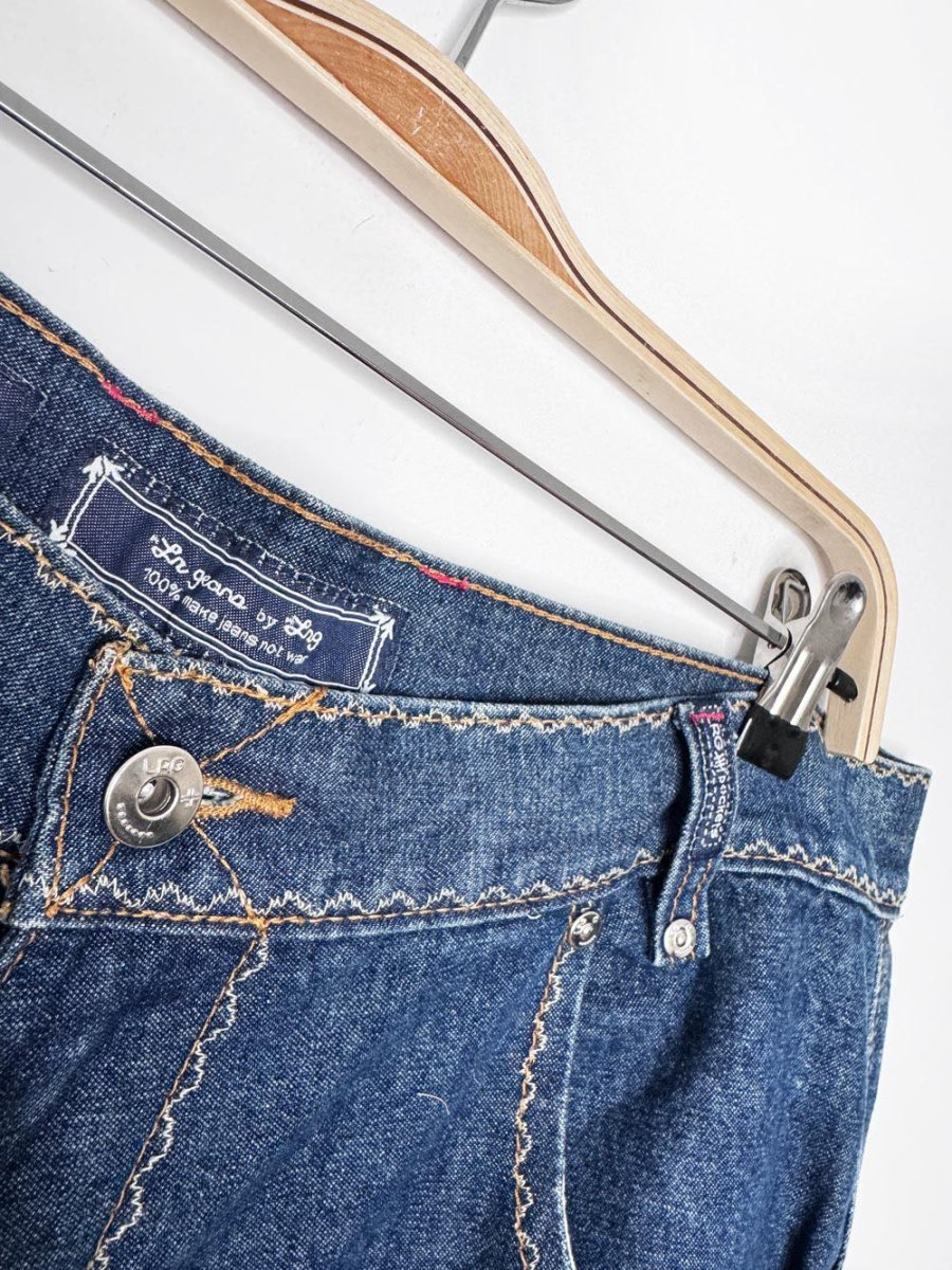 y2k lrg contrast stitch rhinestone whiskered long denim jorts - good market thrift store