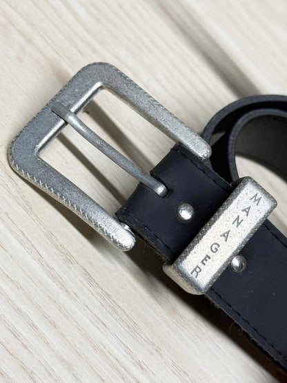 y2k manager faux leather belt | nameplate buckle - good market thrift store