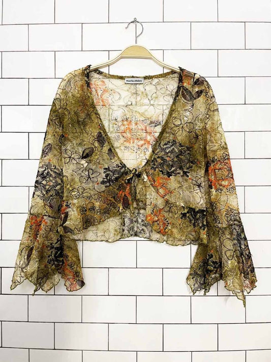 y2k marie claire floral sheer lace tie up cropped cardigan top - good market thrift store