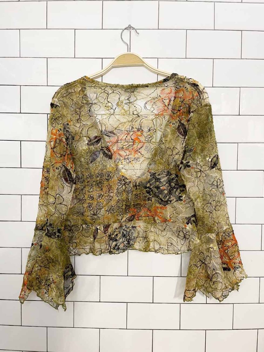 y2k marie claire floral sheer lace tie up cropped cardigan top - good market thrift store