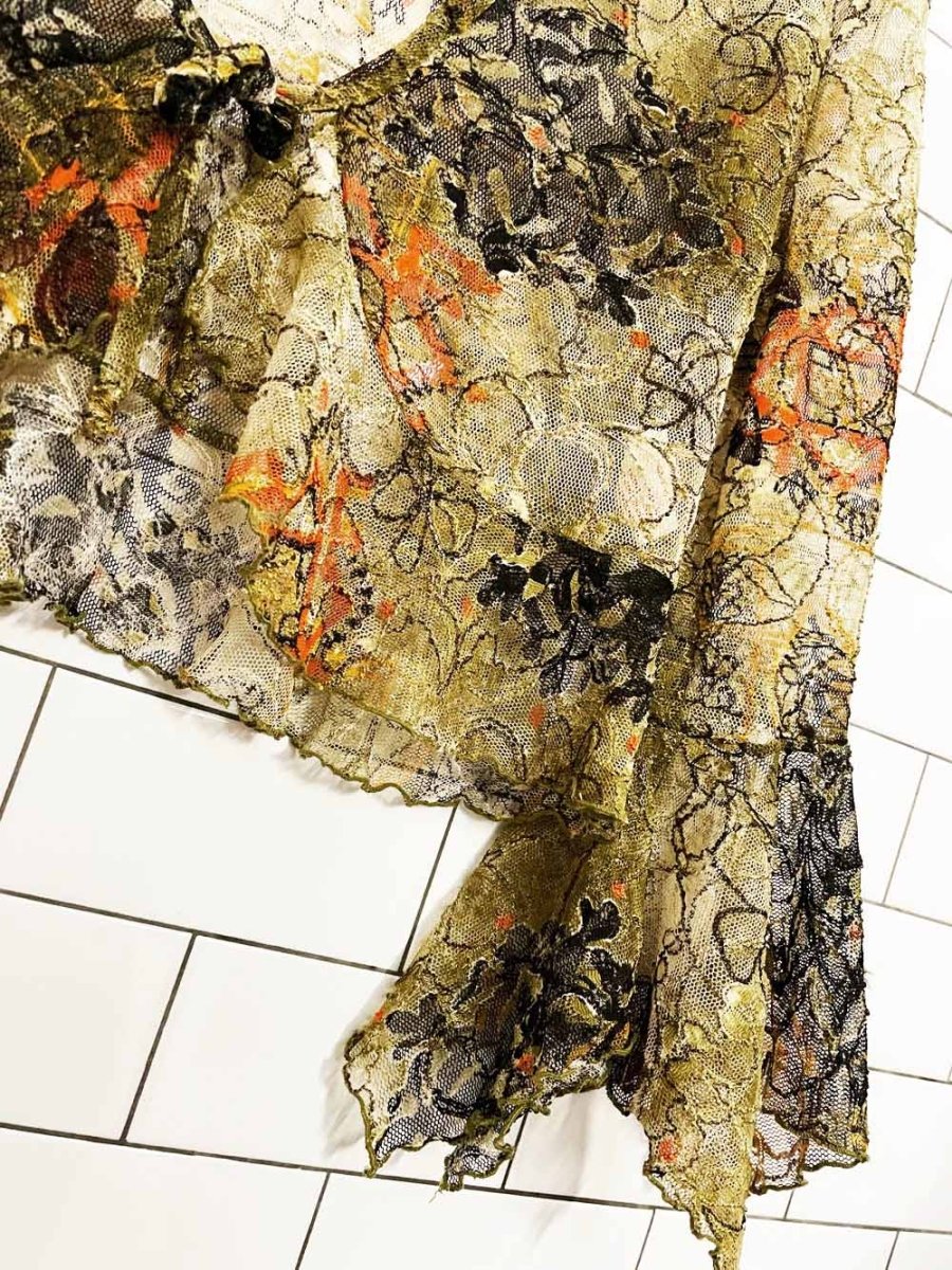 y2k marie claire floral sheer lace tie up cropped cardigan top - good market thrift store