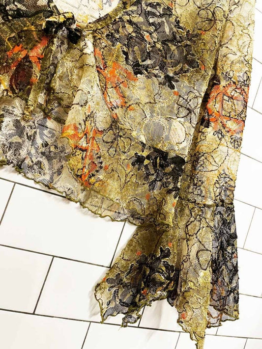 y2k marie claire floral sheer lace tie up cropped cardigan top - good market thrift store