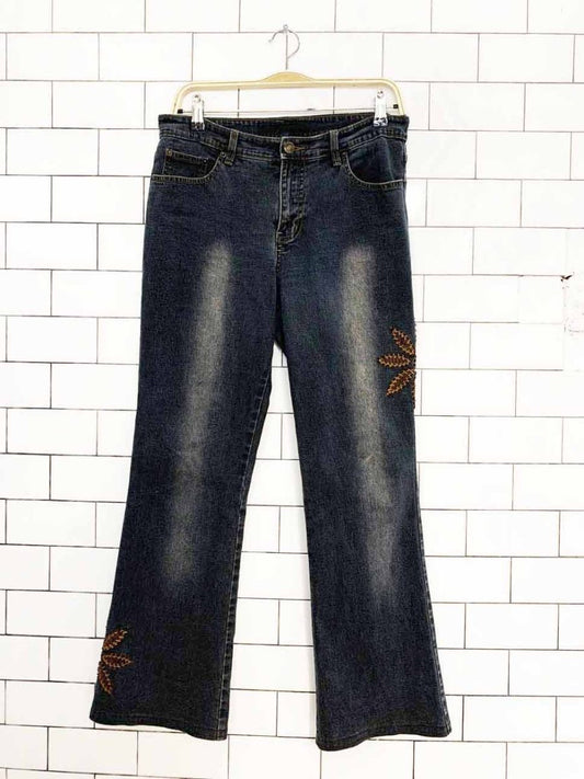 y2k mecca patchwork floral embroidered flare leg jeans - good market thrift store