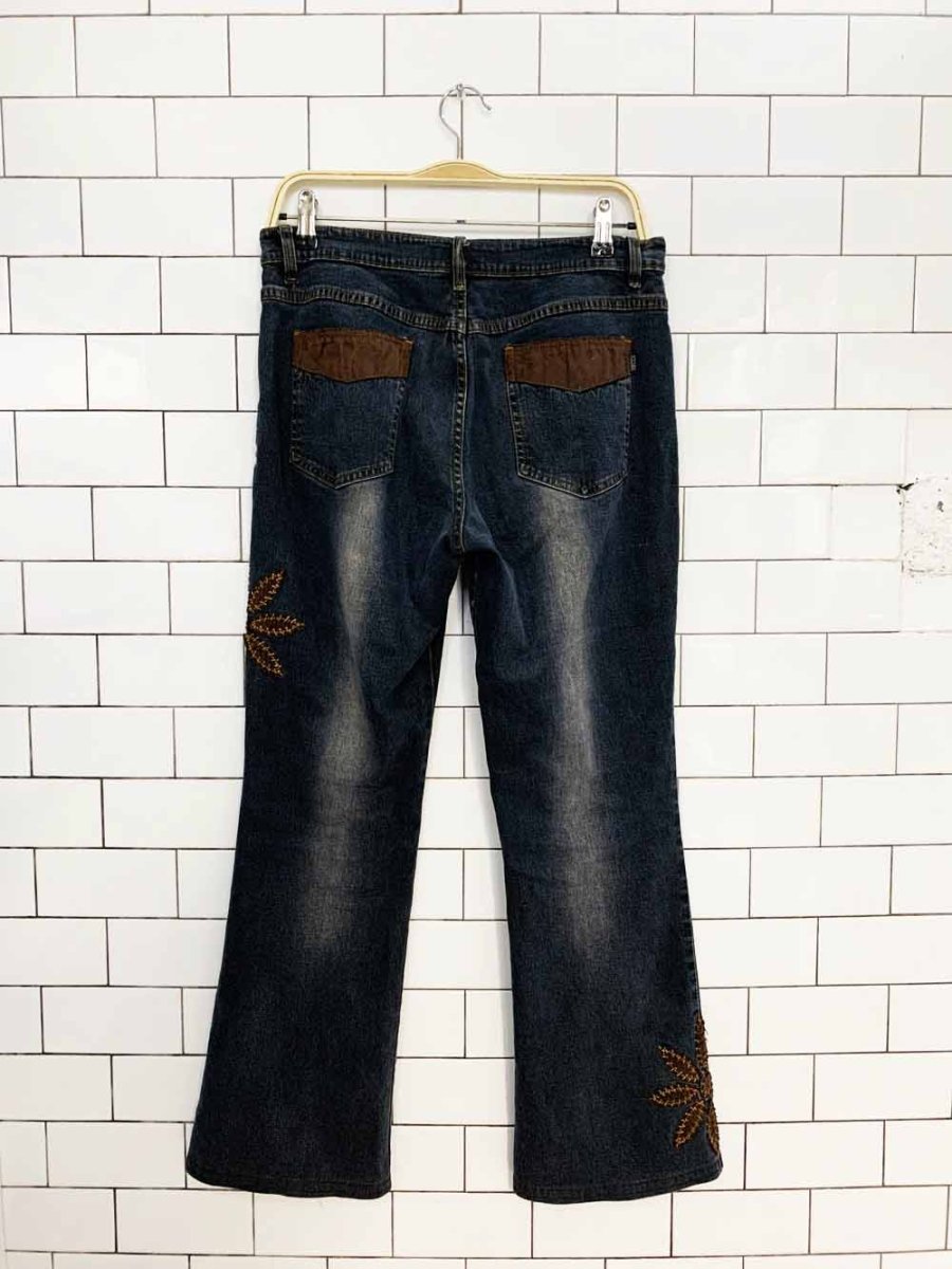 y2k mecca patchwork floral embroidered flare leg jeans - good market thrift store