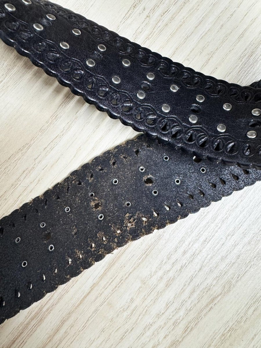 y2k miss me leather studded lasercut belt - good market thrift store
