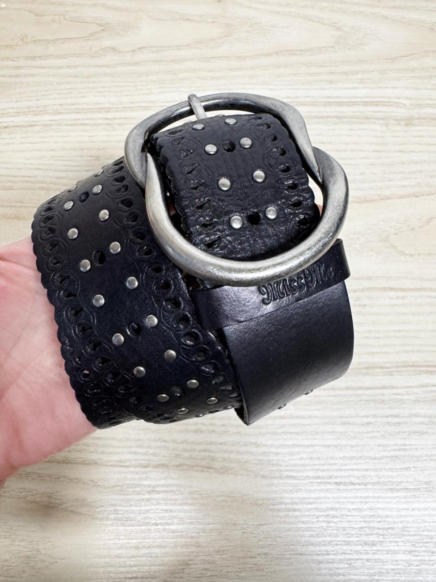 y2k miss me leather studded lasercut belt - good market thrift store