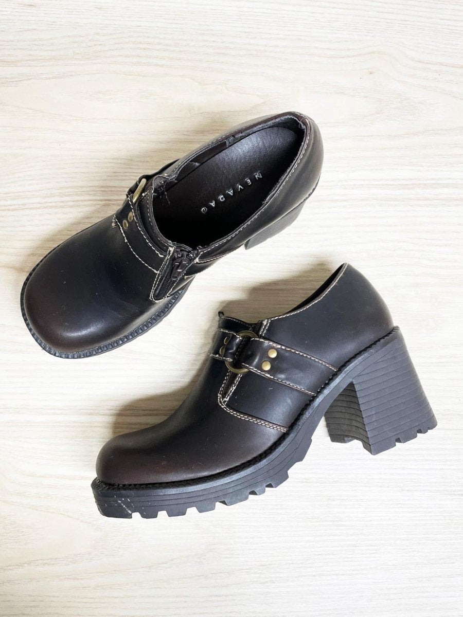y2k nevada harness square toe heeled faux leather loafer | charlotte - good market thrift store