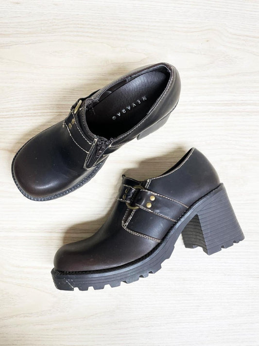 y2k nevada harness square toe heeled faux leather loafer | charlotte - good market thrift store