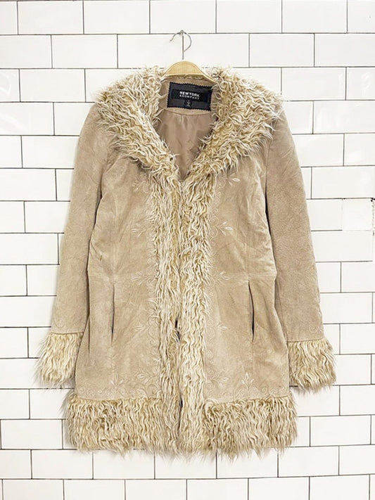 y2k new york & company boho suede embroidered penny lane coat - good market thrift store