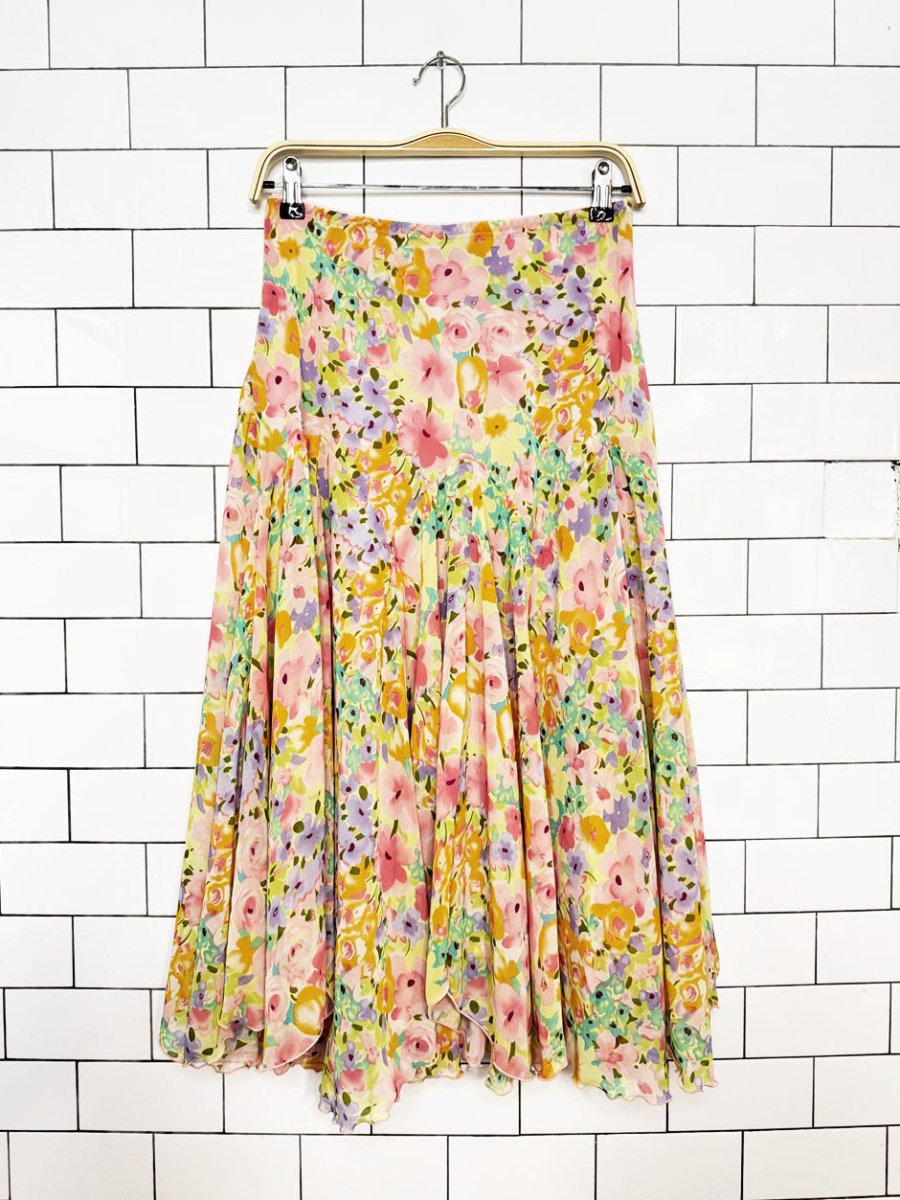 y2k notations floral chiffon curly hem tulip midi skirt - good market thrift store