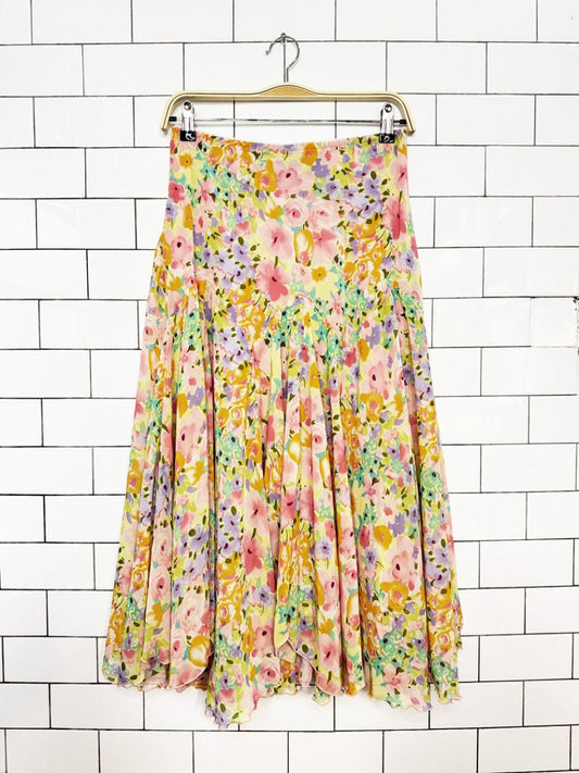 y2k notations floral chiffon curly hem tulip midi skirt - good market thrift store