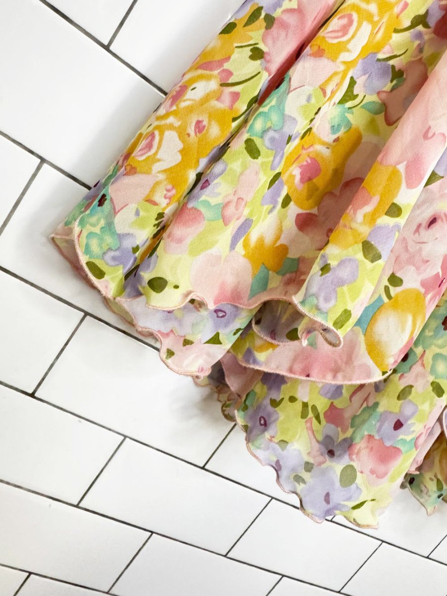 y2k notations floral chiffon curly hem tulip midi skirt - good market thrift store