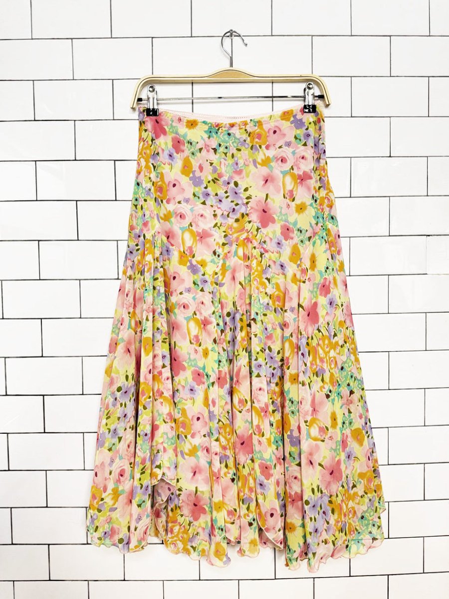 y2k notations floral chiffon curly hem tulip midi skirt - good market thrift store
