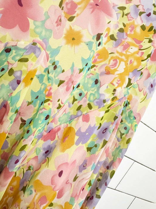 y2k notations floral chiffon curly hem tulip midi skirt - good market thrift store