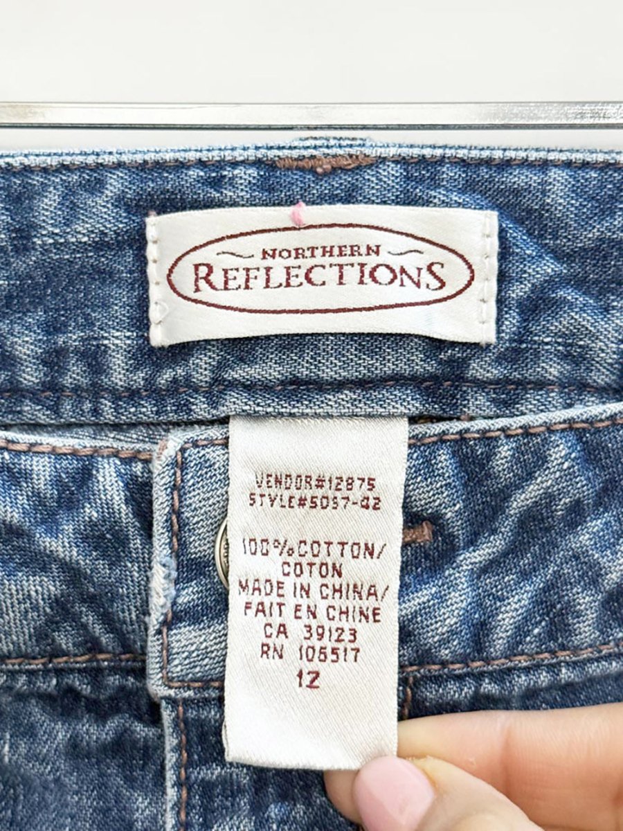 y2k NR embroidered butterfly crochet fringe knee length denim skirt | northern reflections - good market thrift store