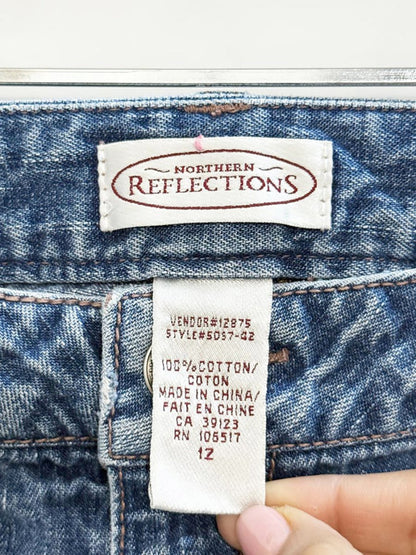 y2k NR embroidered butterfly crochet fringe knee length denim skirt | northern reflections - good market thrift store