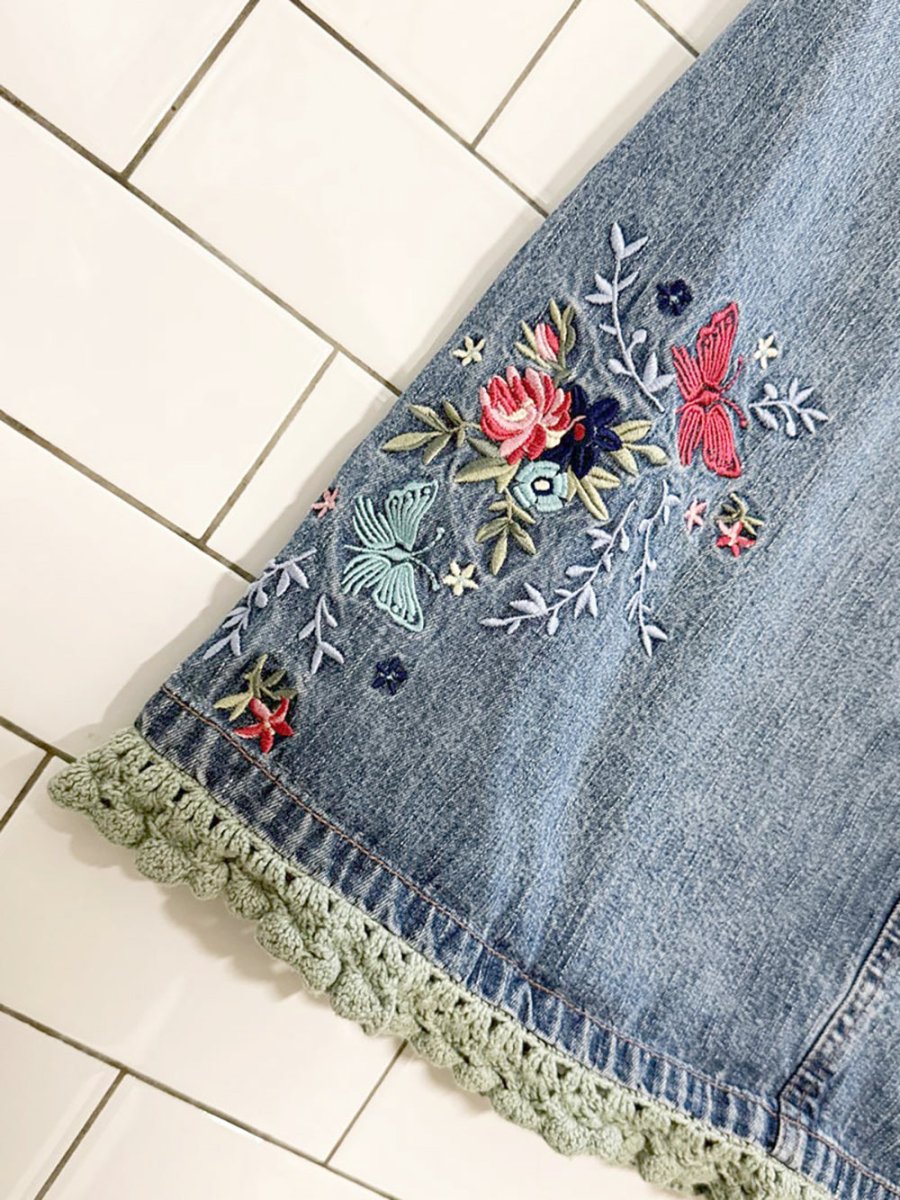 y2k NR embroidered butterfly crochet fringe knee length denim skirt | northern reflections - good market thrift store