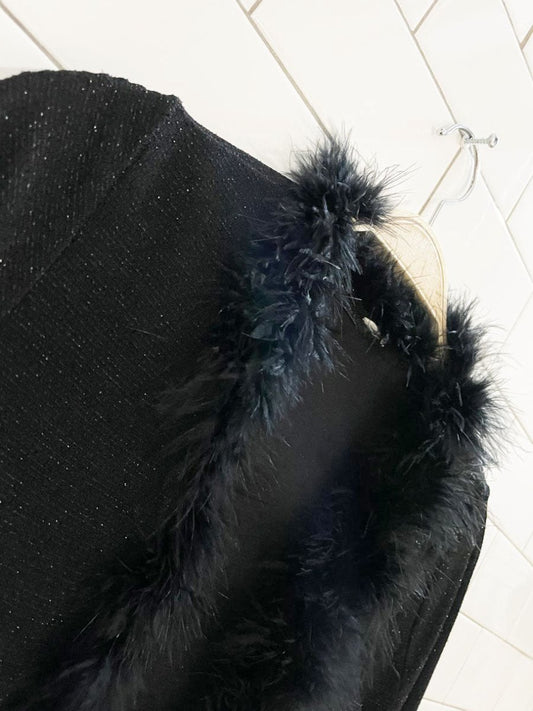 y2k ostrich feather trim sparkle knit tie front long duster cardigan - good market thrift store
