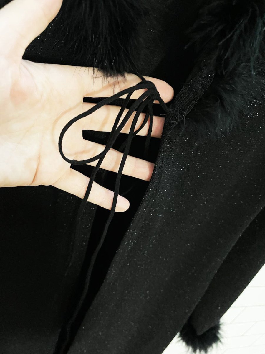 y2k ostrich feather trim sparkle knit tie front long duster cardigan - good market thrift store