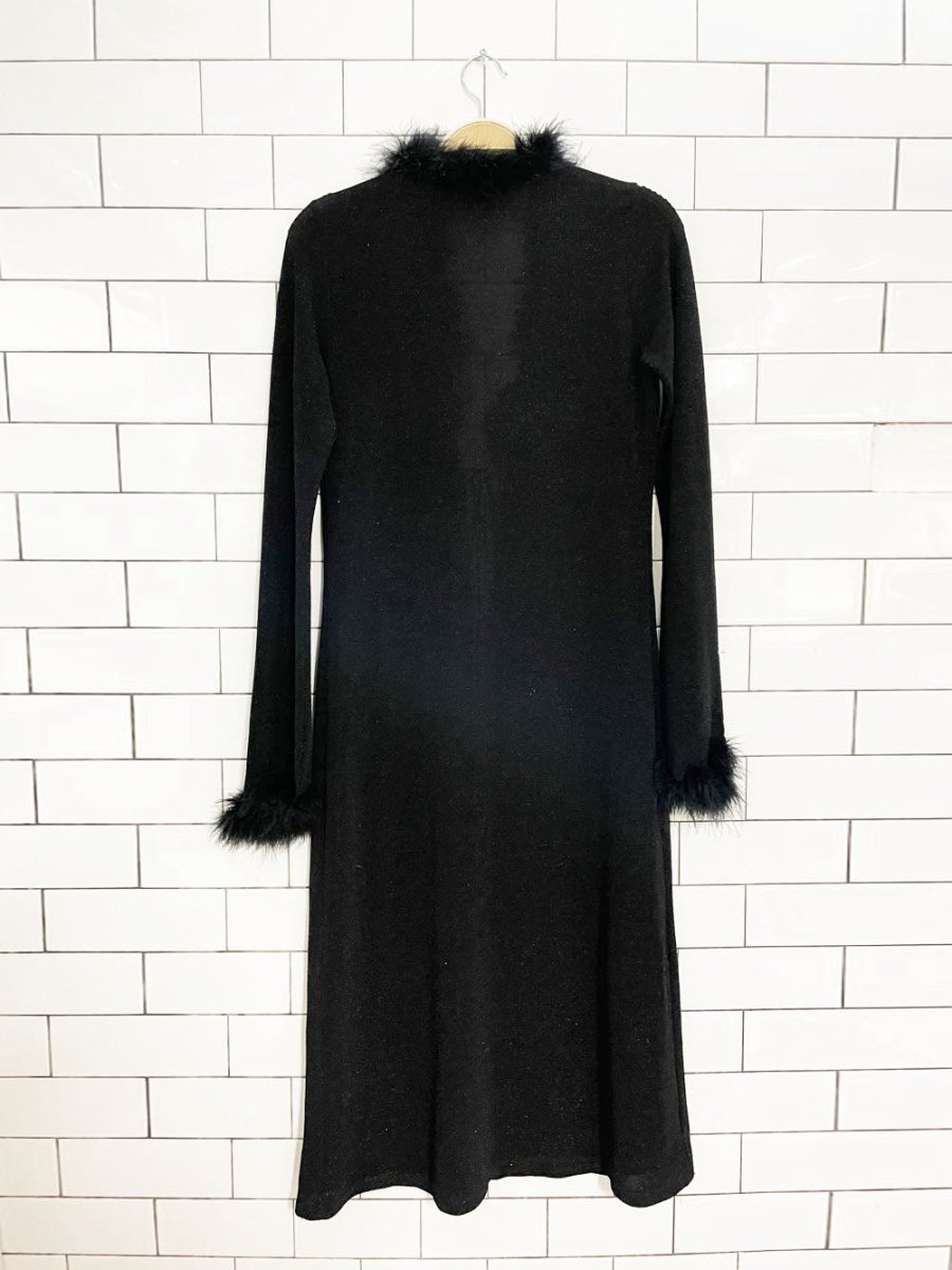 y2k ostrich feather trim sparkle knit tie front long duster cardigan - good market thrift store