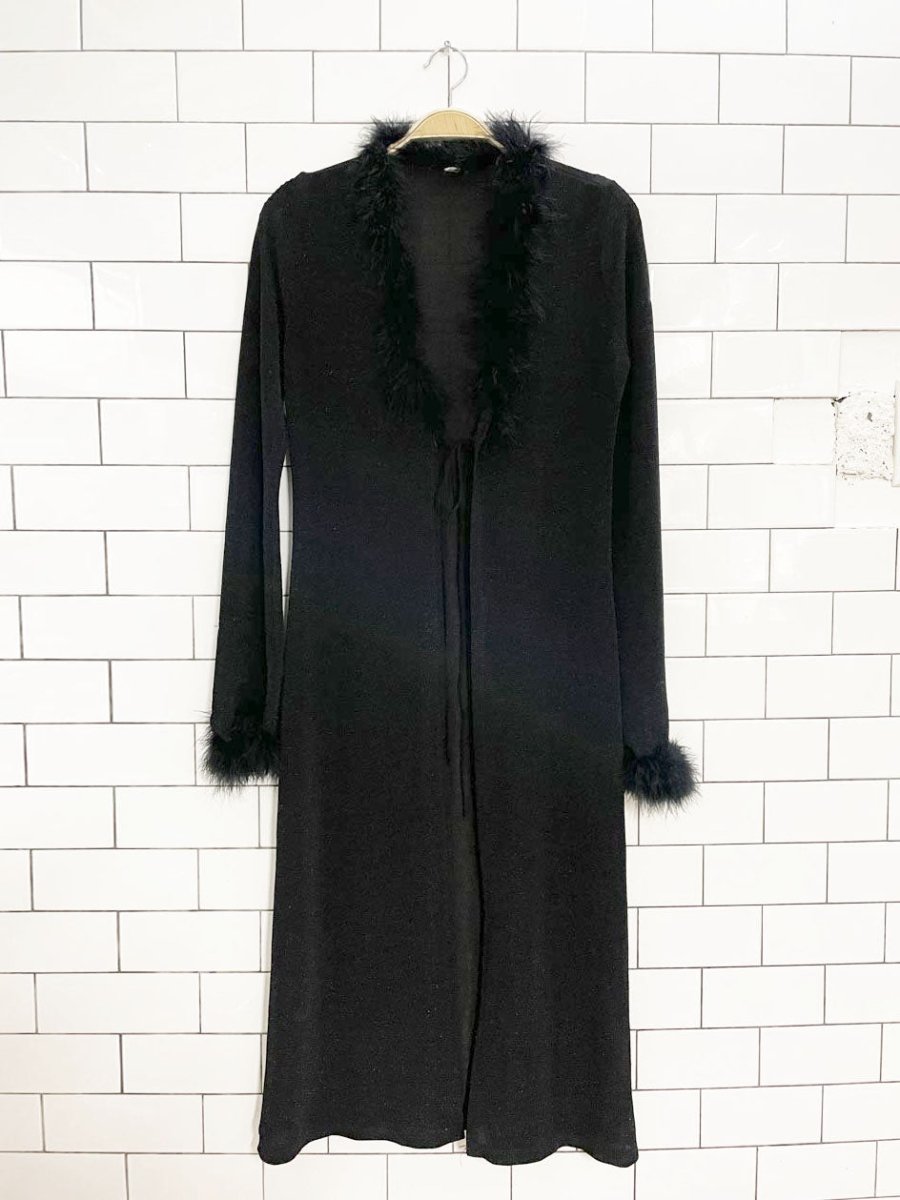 y2k ostrich feather trim sparkle knit tie front long duster cardigan - good market thrift store