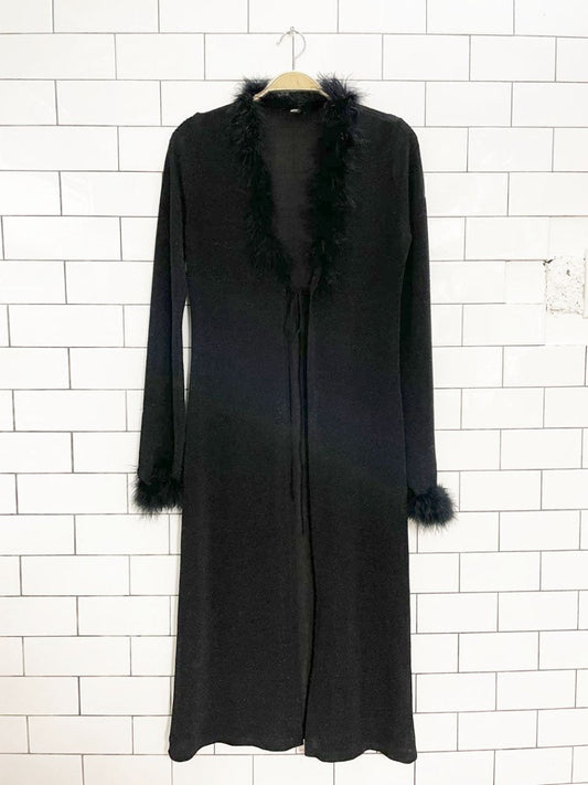 y2k ostrich feather trim sparkle knit tie front long duster cardigan - good market thrift store