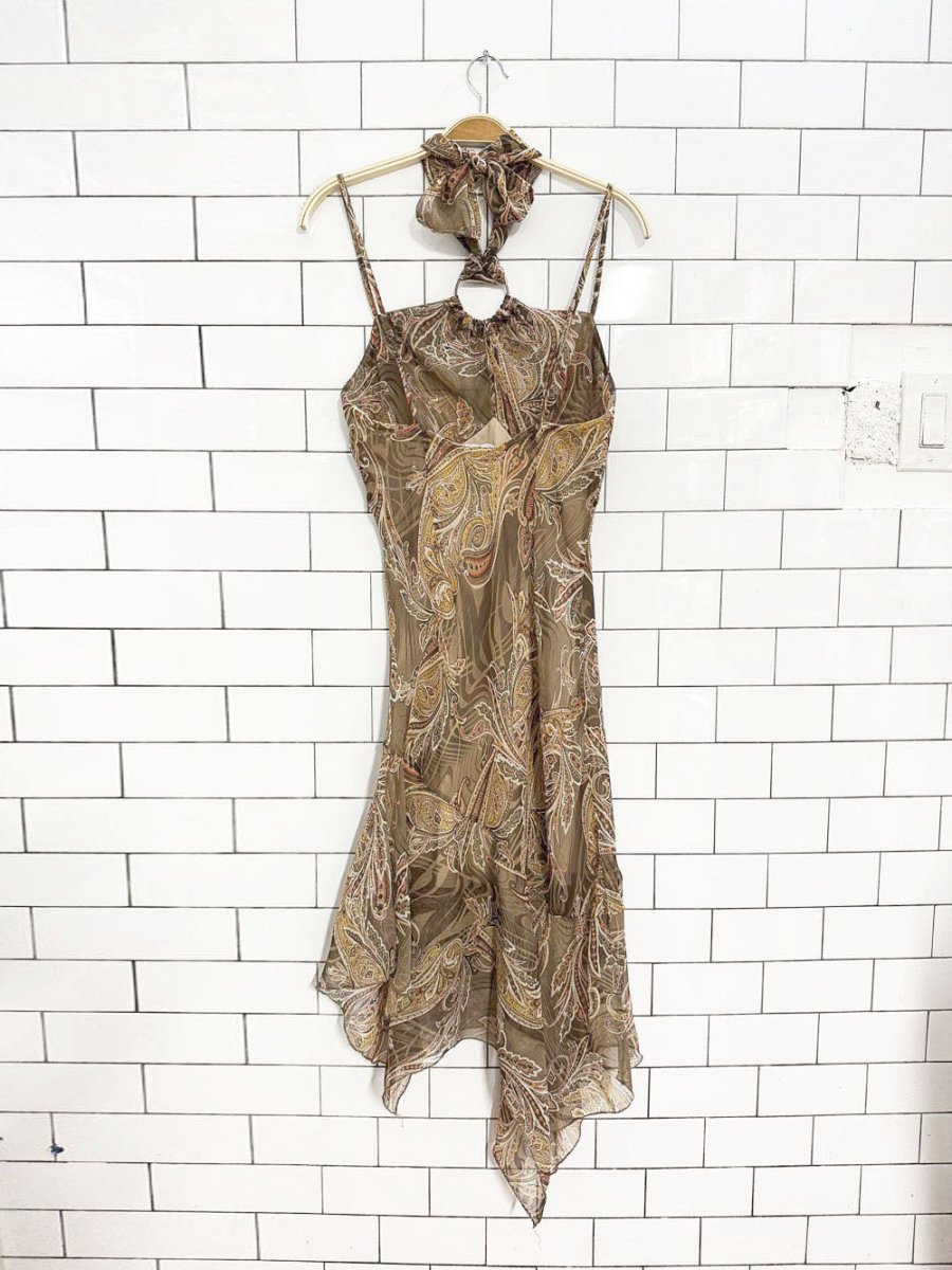 y2k paisley halter chiffon flowy asymmetric skirt midi dress - good market thrift store