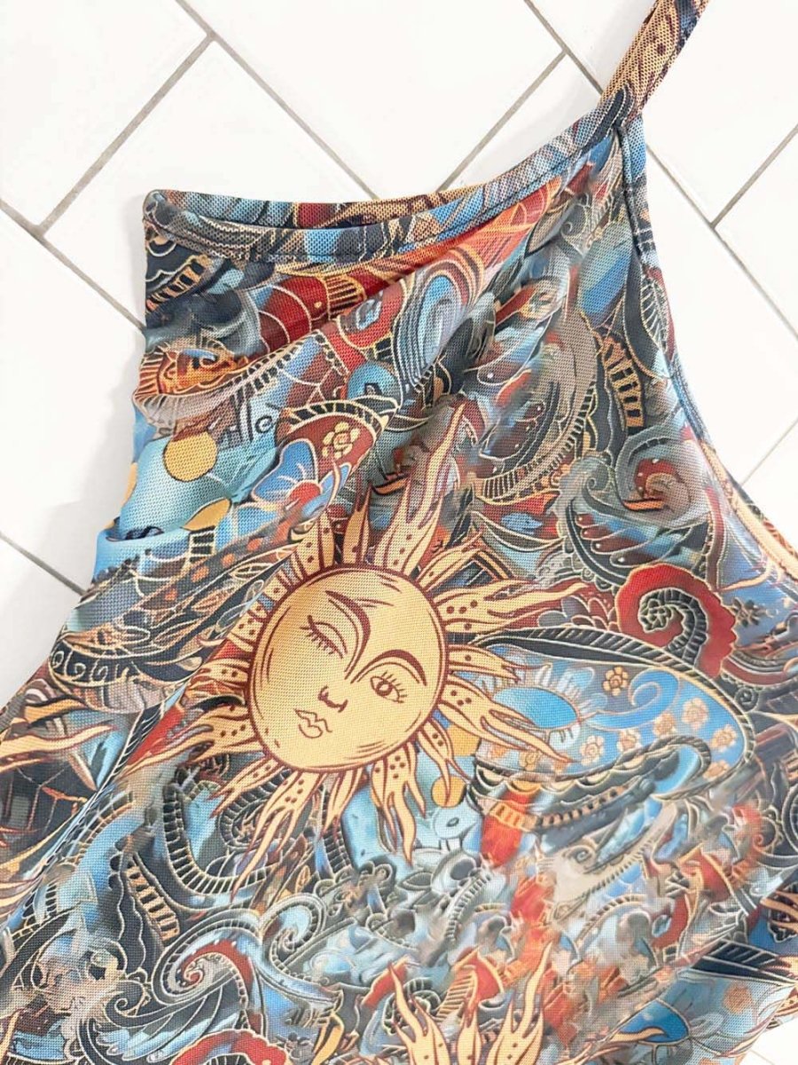 y2k paisley sun mesh curly hem mini dress - good market thrift store