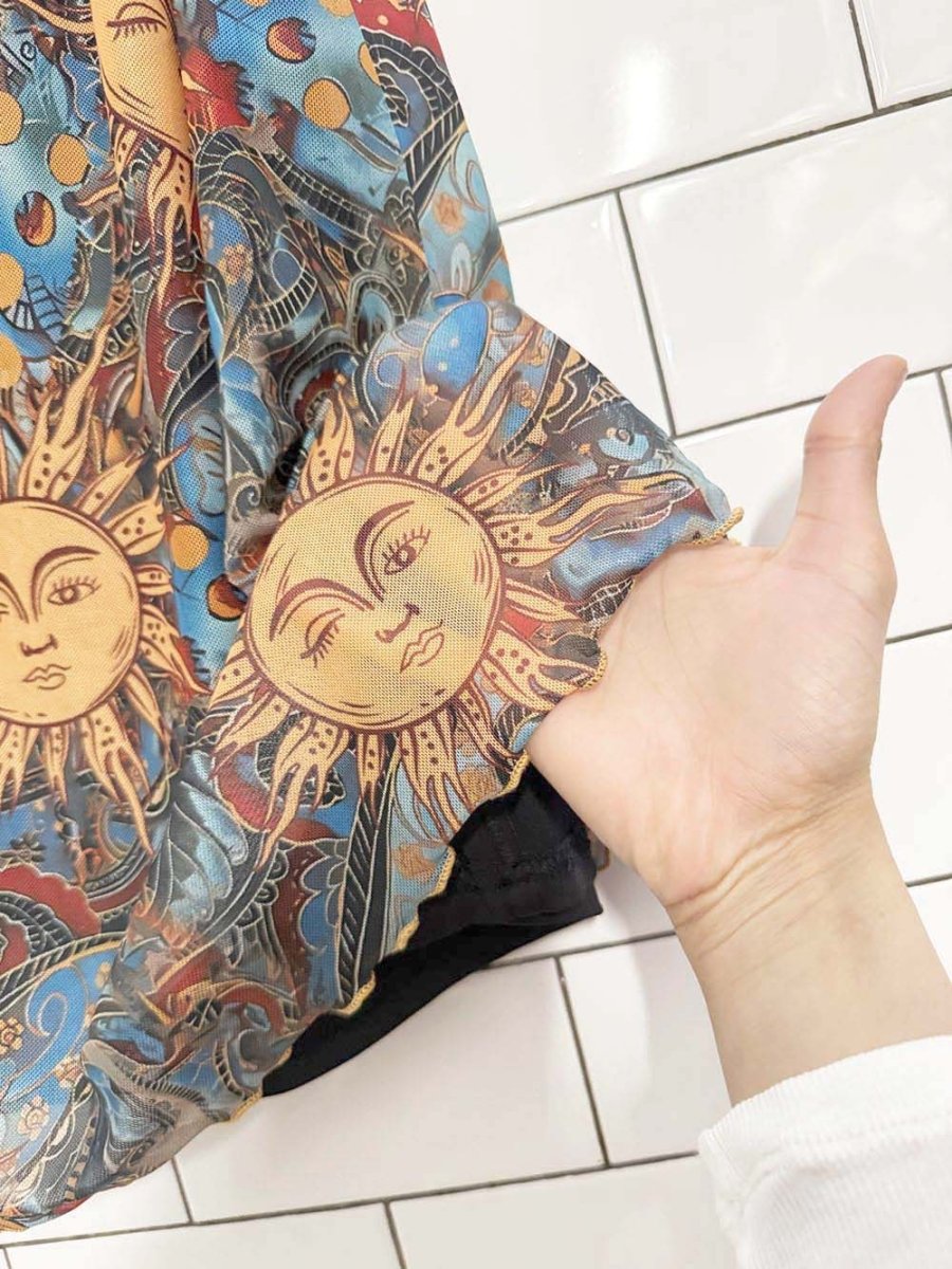 y2k paisley sun mesh curly hem mini dress - good market thrift store