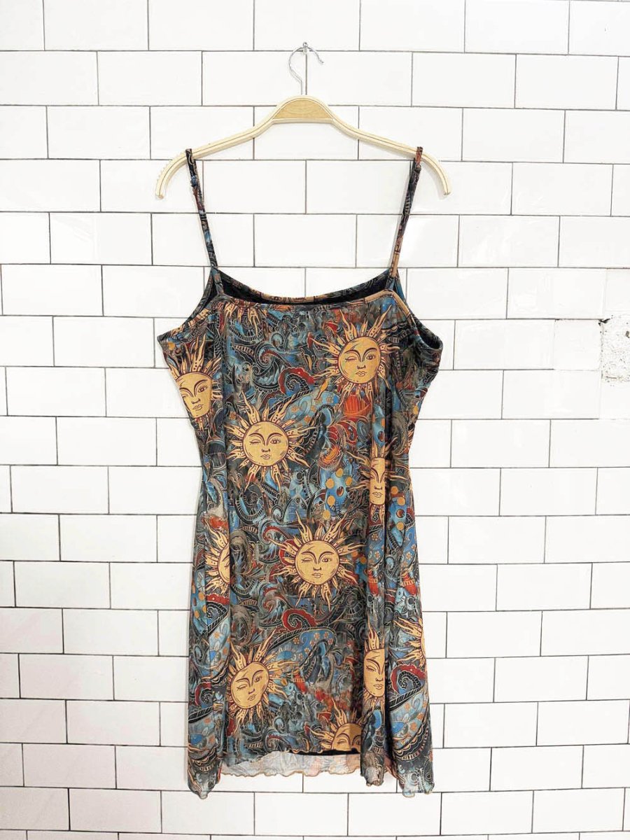 y2k paisley sun mesh curly hem mini dress - good market thrift store