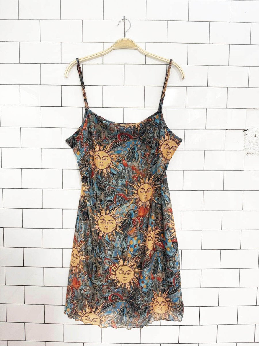 y2k paisley sun mesh curly hem mini dress - good market thrift store