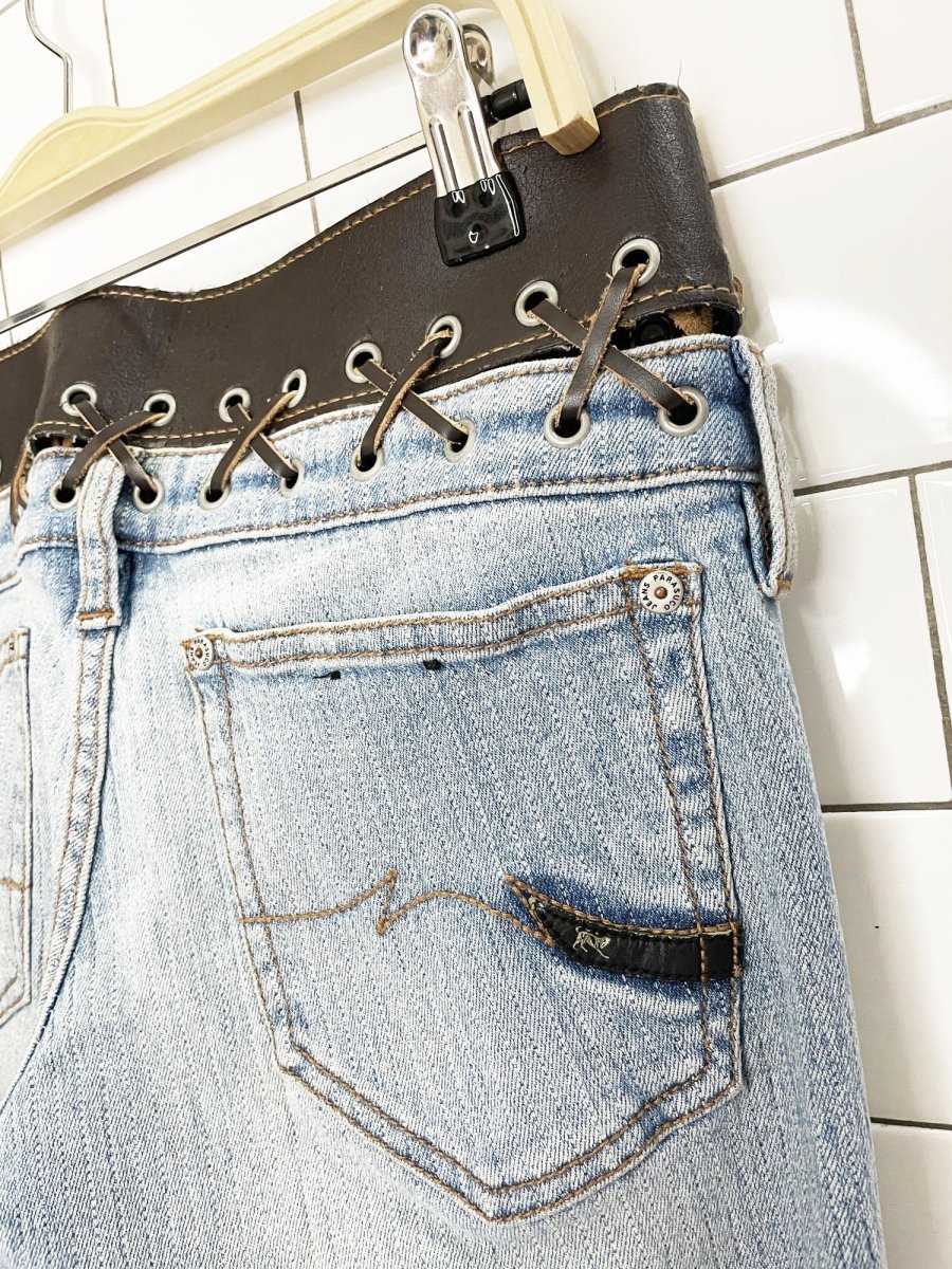 y2k parasuco low rise belted leather lace up flare leg jeans - good market thrift store