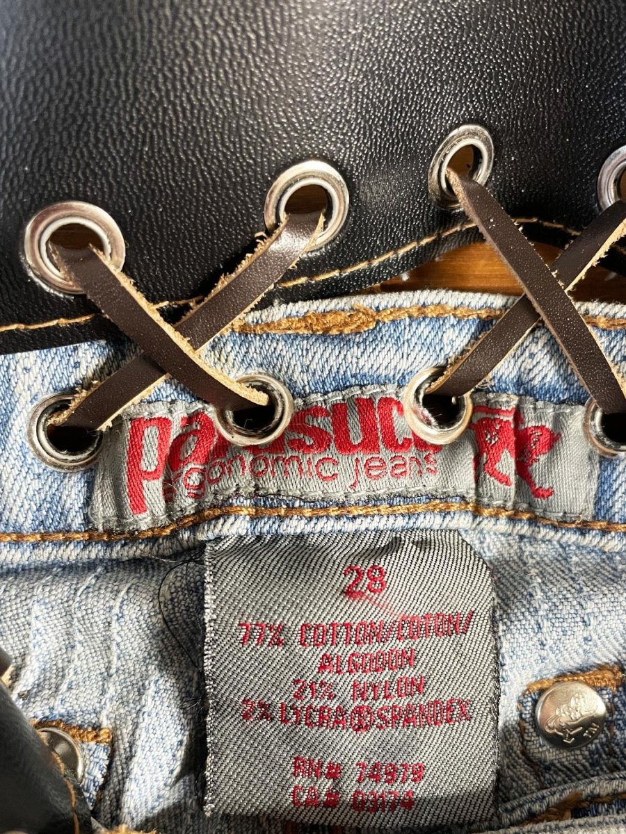 y2k parasuco low rise belted leather lace up flare leg jeans - good market thrift store