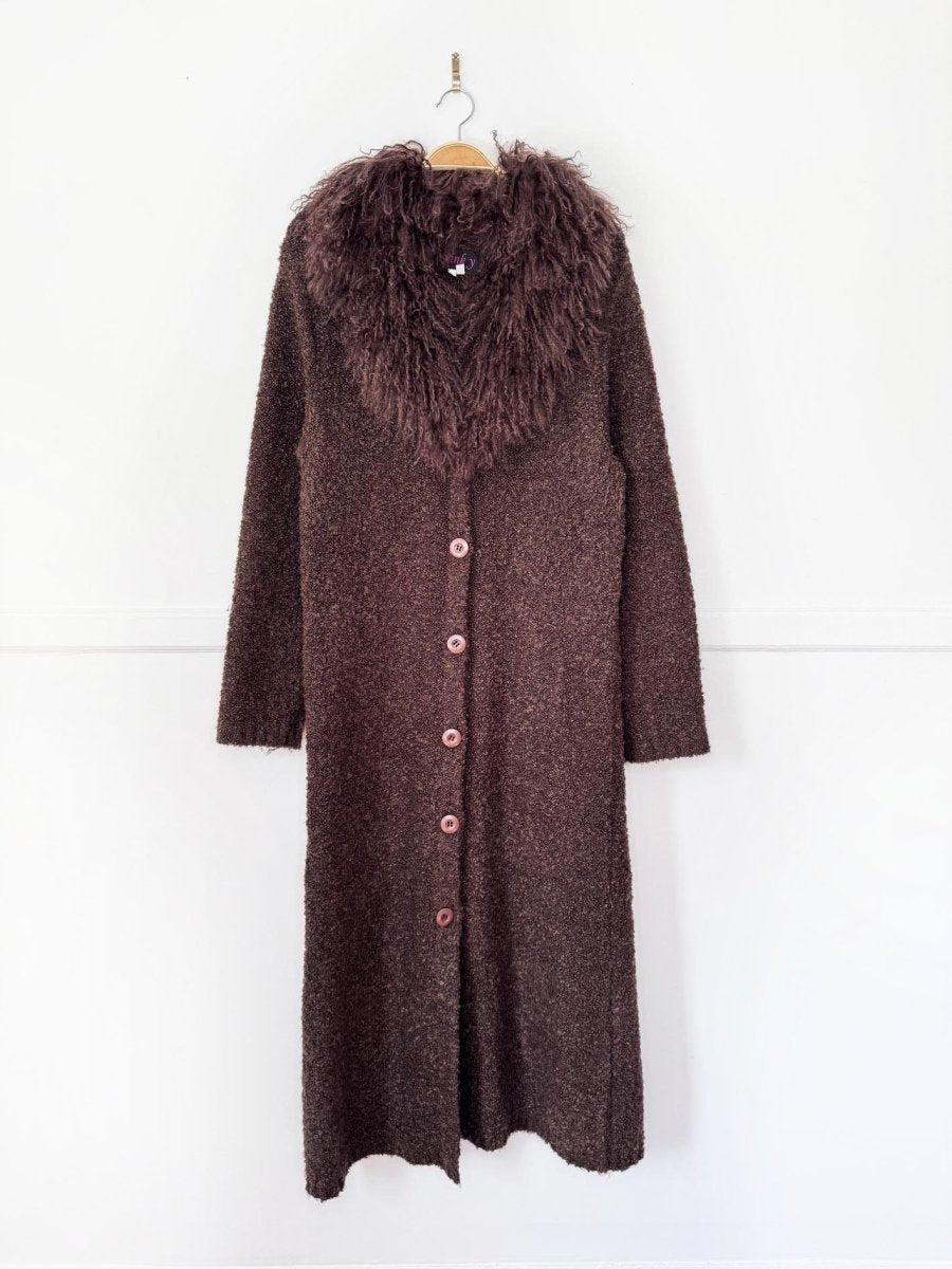 y2k pinky mongolian sheepskin trim wool-blend boucle knit duster cardigan - good market thrift store