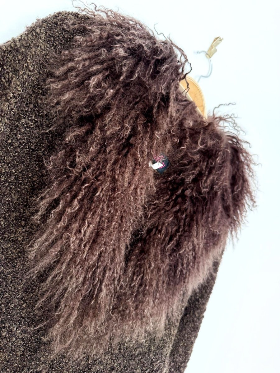 y2k pinky mongolian sheepskin trim wool-blend boucle knit duster cardigan - good market thrift store