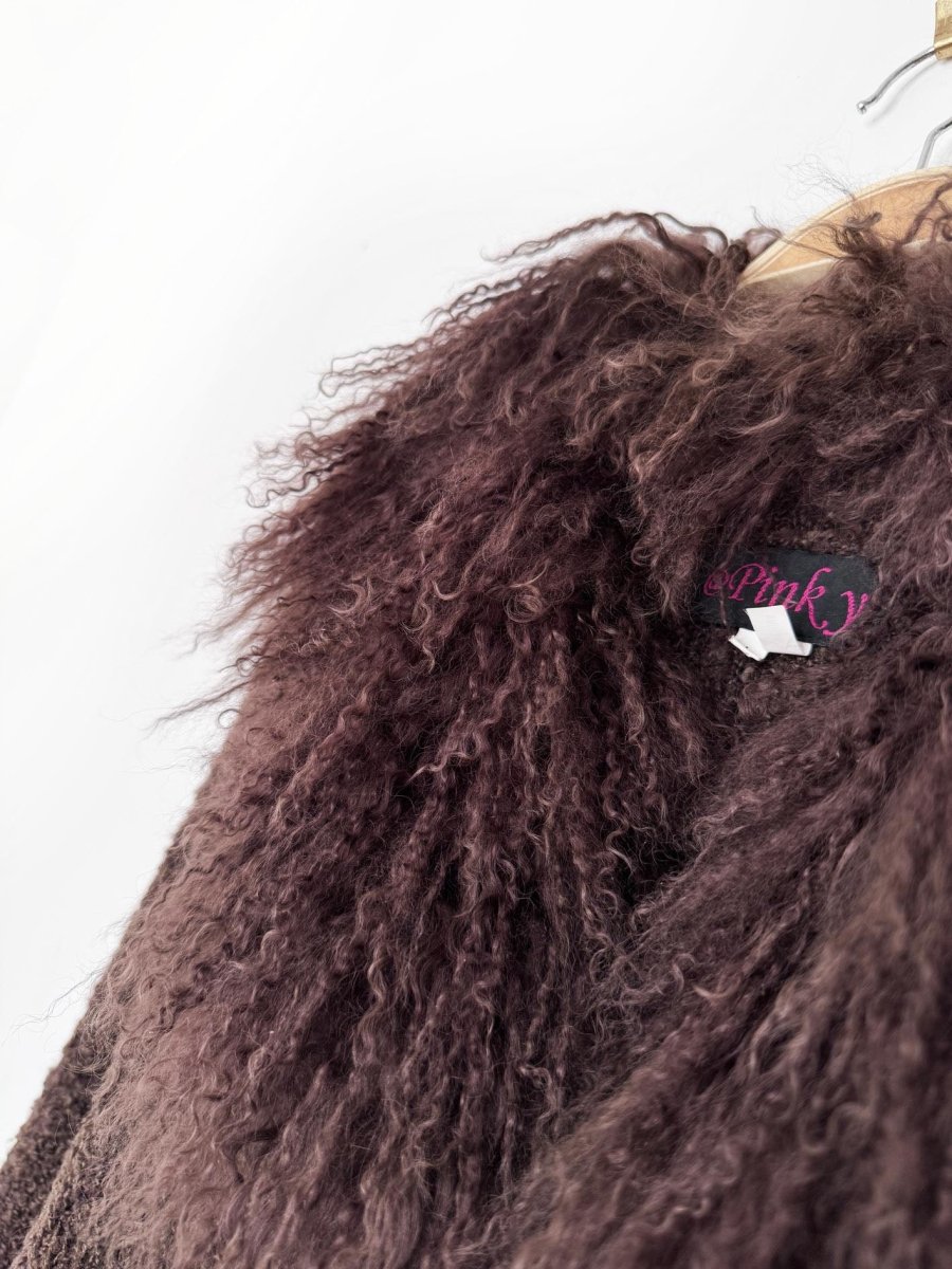 y2k pinky mongolian sheepskin trim wool-blend boucle knit duster cardigan - good market thrift store