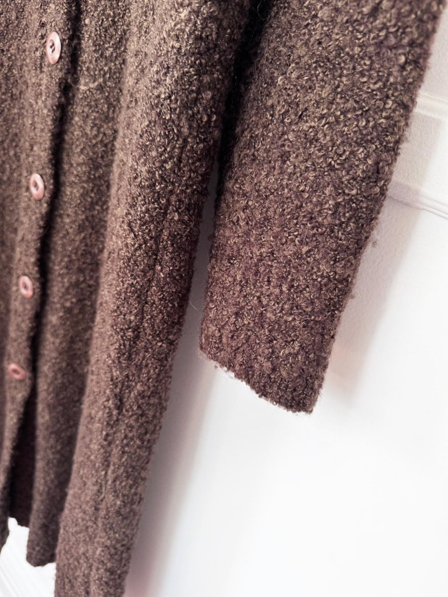 y2k pinky mongolian sheepskin trim wool-blend boucle knit duster cardigan - good market thrift store