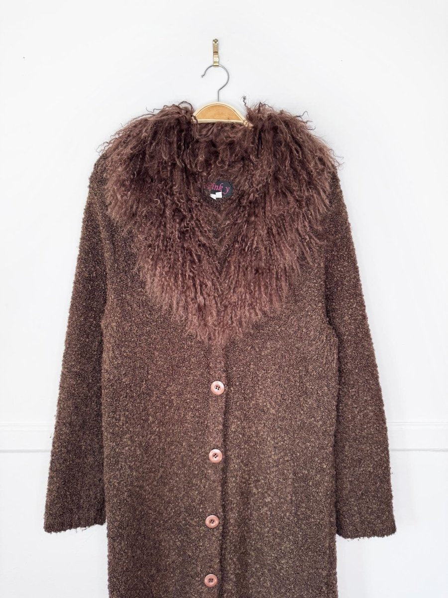 y2k pinky mongolian sheepskin trim wool-blend boucle knit duster cardigan - good market thrift store