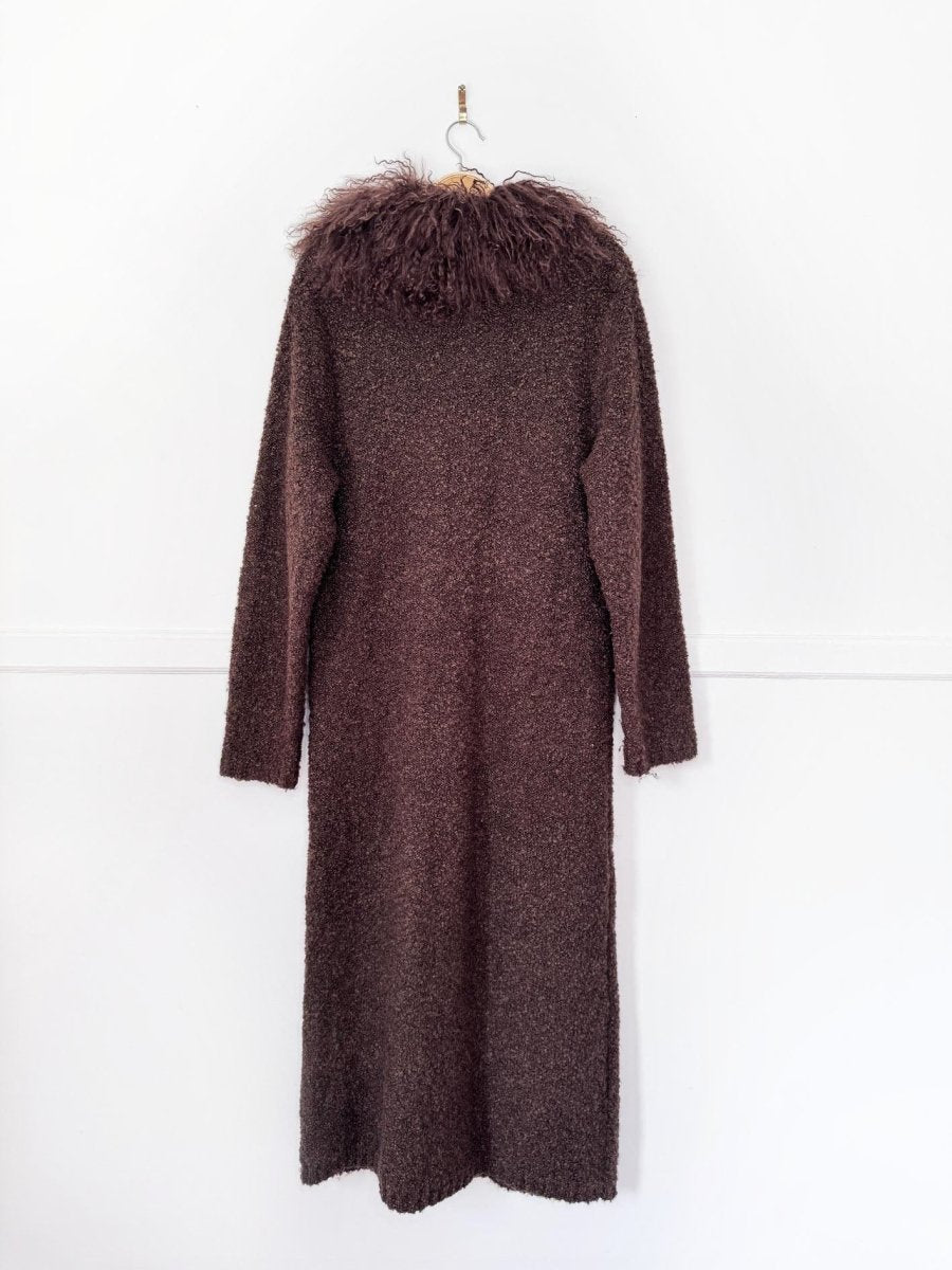 y2k pinky mongolian sheepskin trim wool-blend boucle knit duster cardigan - good market thrift store