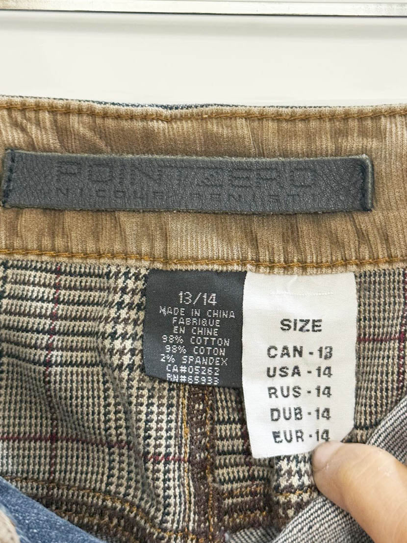 y2k point zero patchwork corduroy knee length denim skirt | nicole benisti - good market thrift store