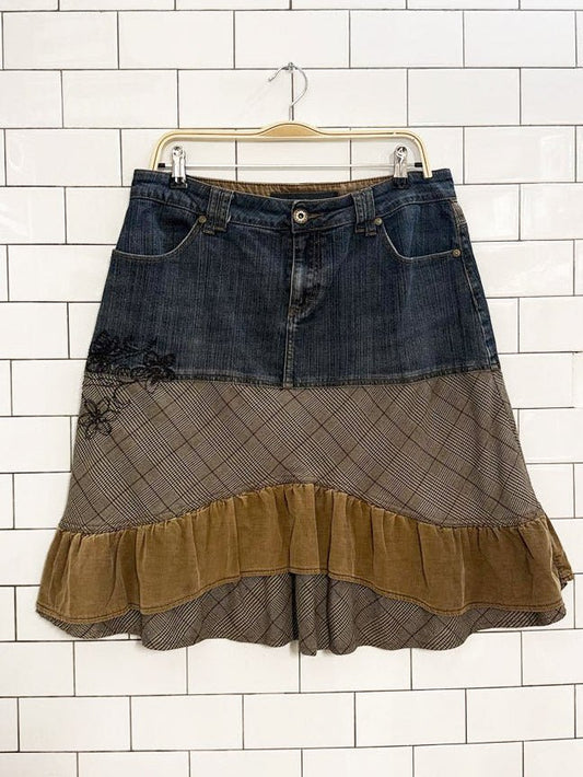y2k point zero patchwork corduroy knee length denim skirt | nicole benisti - good market thrift store