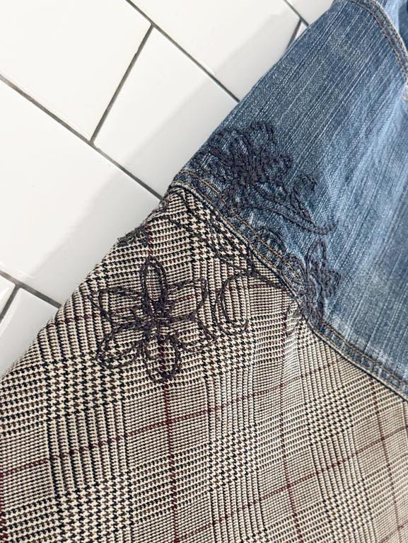 y2k point zero patchwork corduroy knee length denim skirt | nicole benisti - good market thrift store