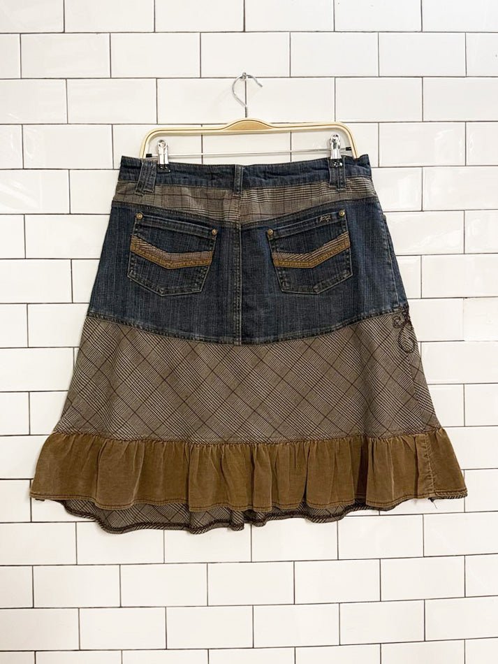 y2k point zero patchwork corduroy knee length denim skirt | nicole benisti - good market thrift store