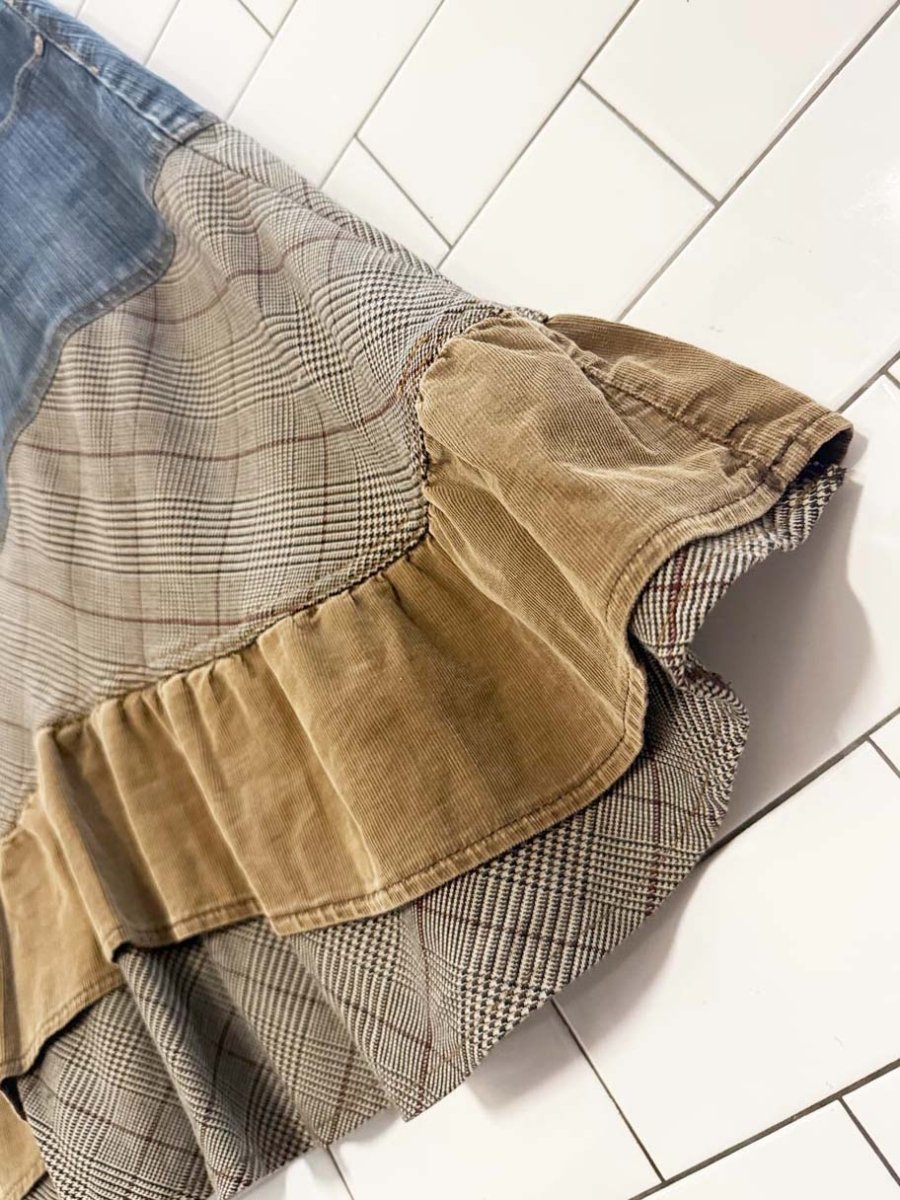 y2k point zero patchwork corduroy knee length denim skirt | nicole benisti - good market thrift store