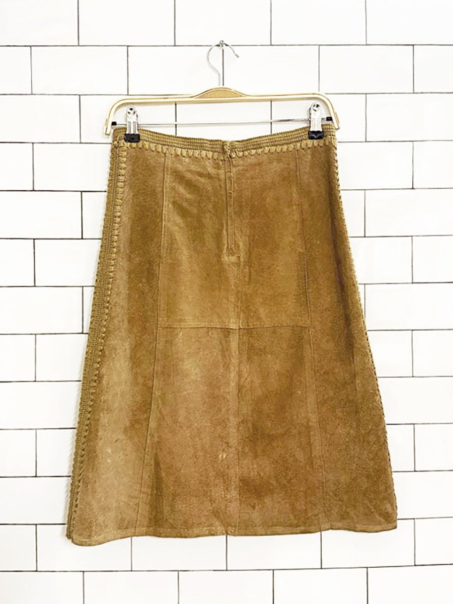 y2k red+abc industry suede crochet trim knee - length skirt - good market thrift store