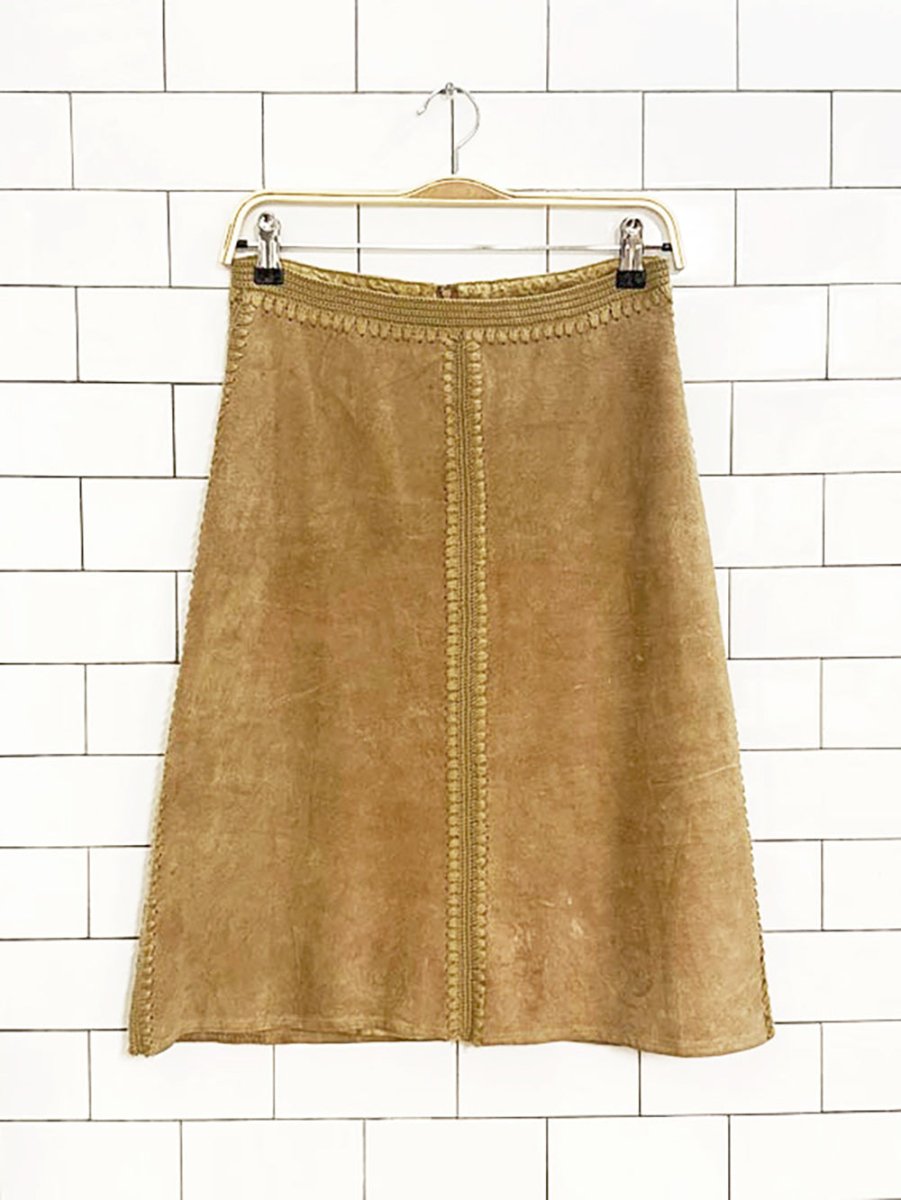 y2k red+abc industry suede crochet trim knee - length skirt - good market thrift store