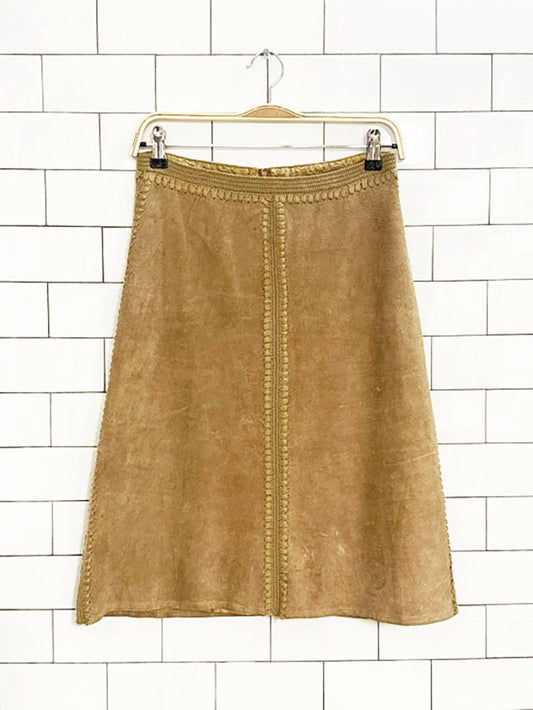 y2k red+abc industry suede crochet trim knee - length skirt - good market thrift store