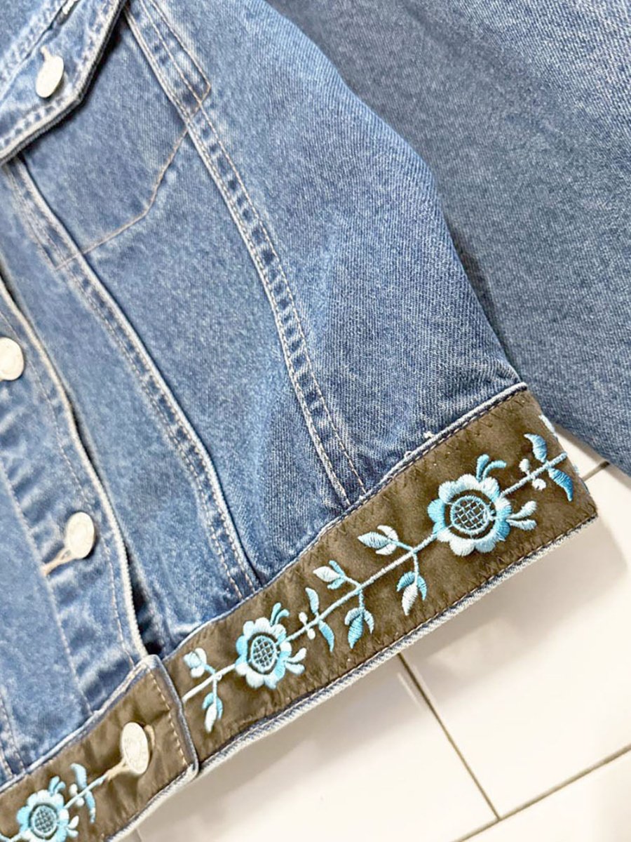 y2k request cropped floral embroidered trim denim jacket - good market thrift store
