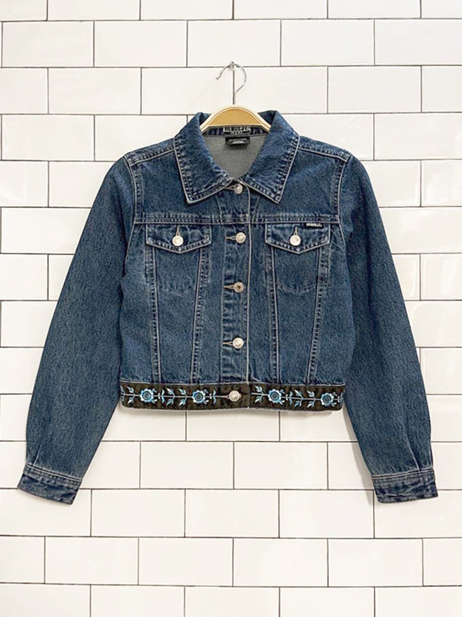 y2k request cropped floral embroidered trim denim jacket - good market thrift store