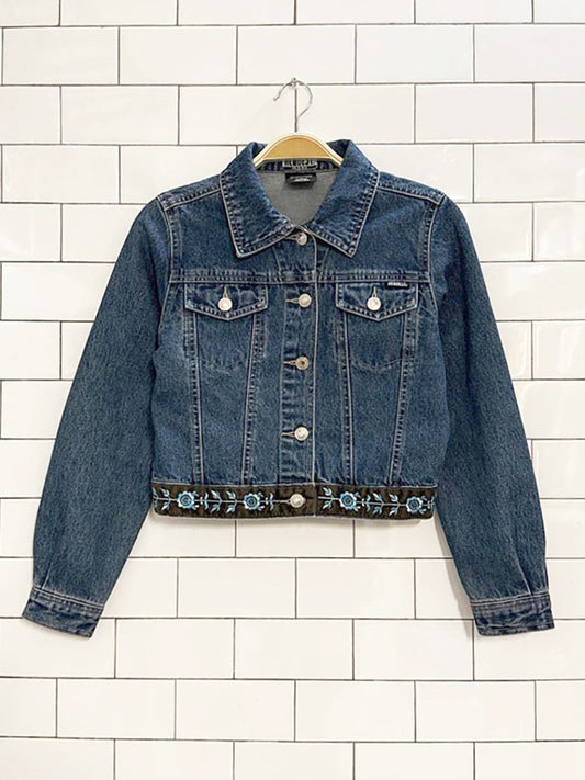 y2k request cropped floral embroidered trim denim jacket - good market thrift store